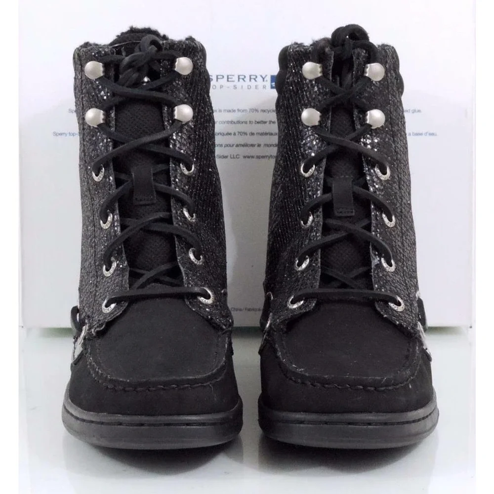 Sperry Top Sider Hiker Fish Boat Boots Lace Up Black Glitter Size 6 - Picture 5 of 8
